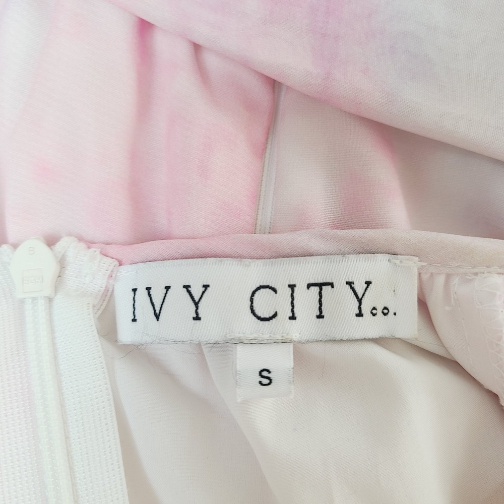 Ivy City Co Lovers Dress S Pink White Chiffon Pleated‎ Long Sleeve Ruffle Midi - Picture 8 of 11